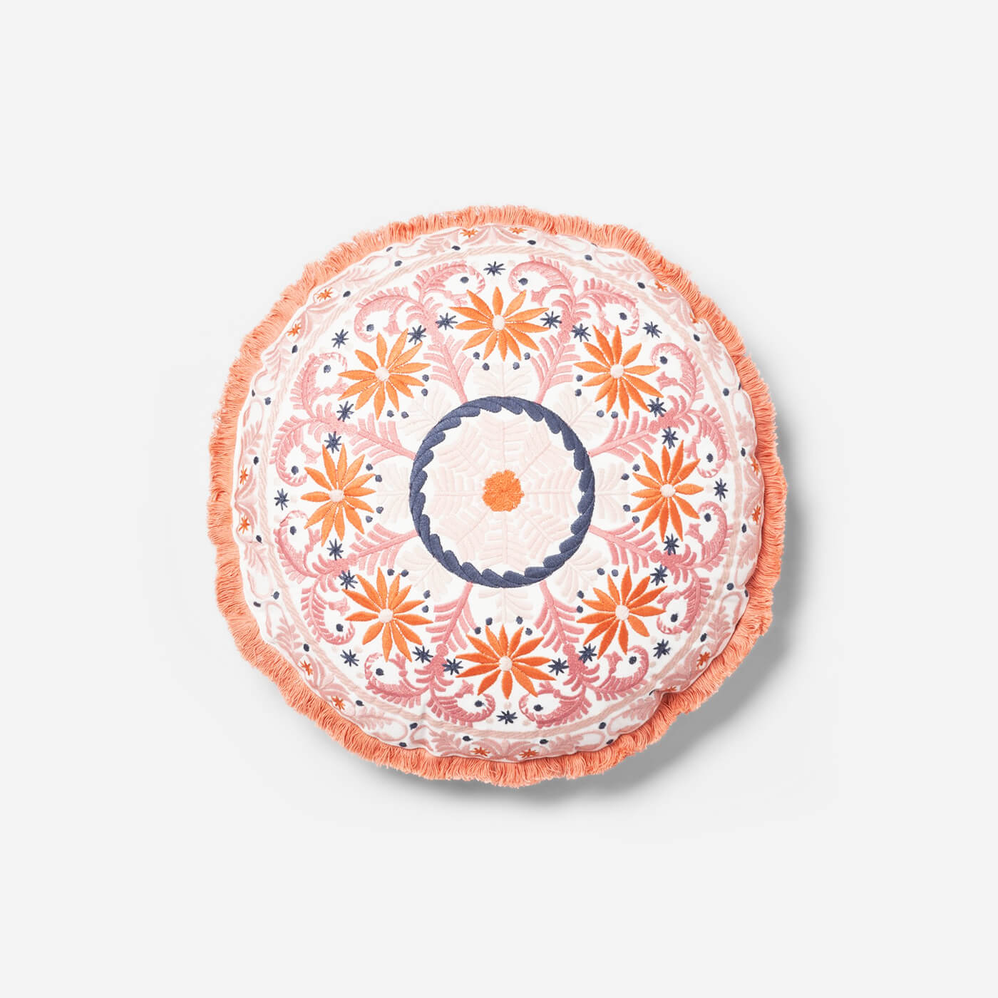 Coral Embroidered Round Throw Pillow.